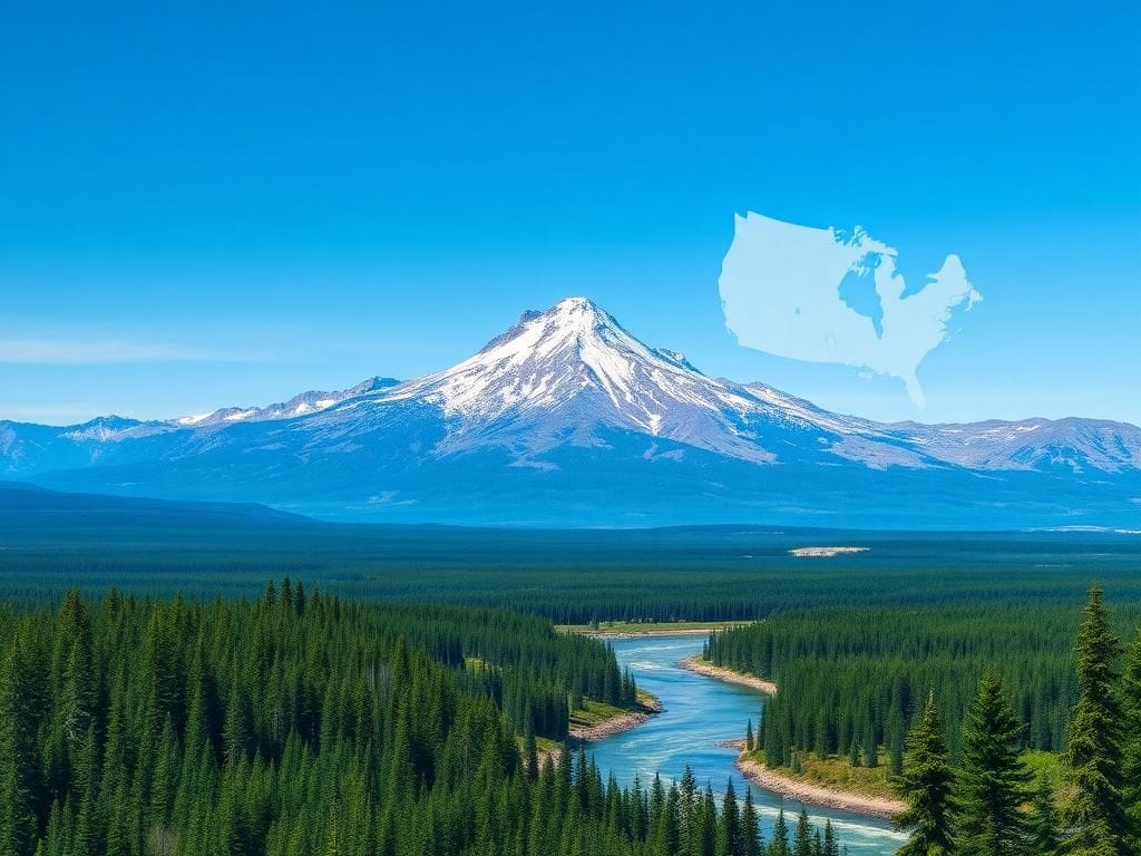 Flick International Majestic Canadian landscape featuring evergreen trees and a winding river under a clear blue sky