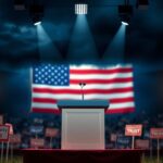 Flick International A politically charged podium under dramatic lighting with a blurred American flag in the background