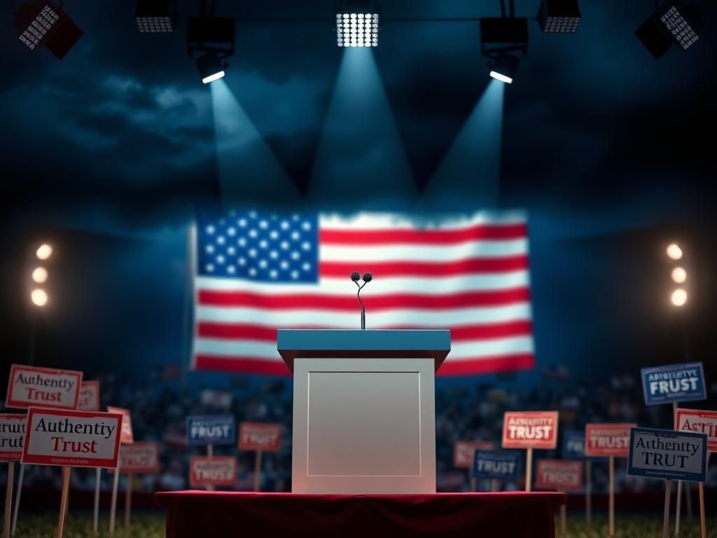 Flick International A politically charged podium under dramatic lighting with a blurred American flag in the background