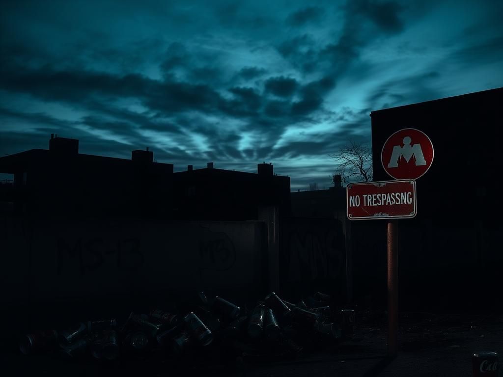 Flick International Abandoned urban landscape with MS-13 graffiti and crumbling buildings at dusk
