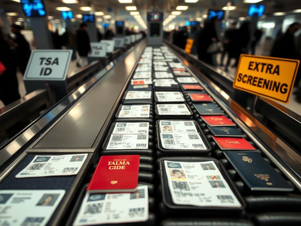 Flick International Busy airport security checkpoint displaying identification documents and signs for extra screening