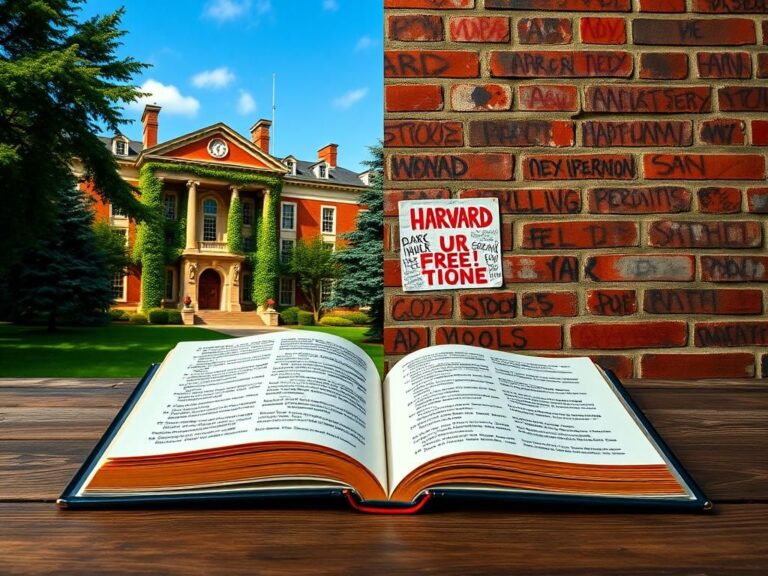 Flick International A split image showcasing Harvard University contrasted with protest elements