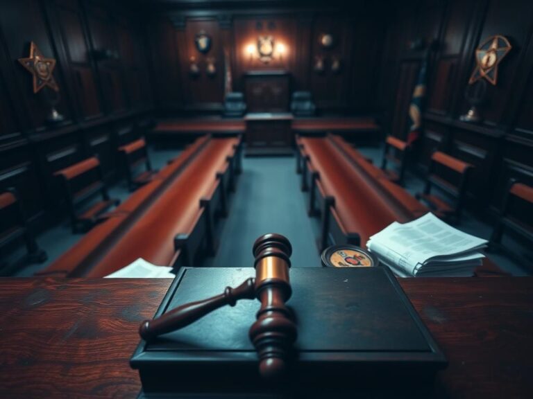 Flick International A tense courtroom scene showing empty benches and a judge's gavel on a mahogany bench.
