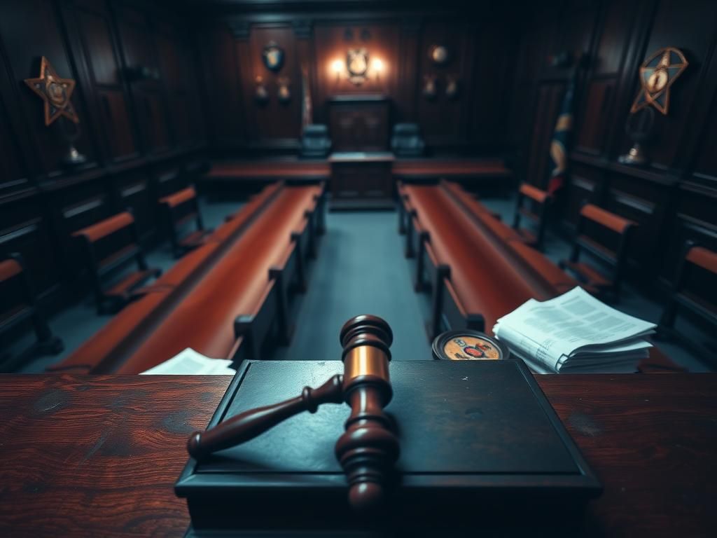 Flick International A tense courtroom scene showing empty benches and a judge's gavel on a mahogany bench.