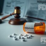 Flick International Prescription bottle of Mifepristone on a medical-grade table with pills scattered near legal documents and a gavel in the background