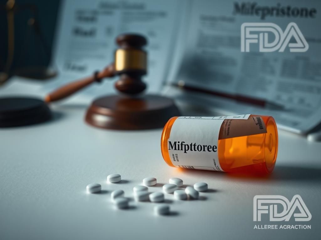 Flick International Prescription bottle of Mifepristone on a medical-grade table with pills scattered near legal documents and a gavel in the background
