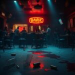 Flick International Dimly lit bar interior with scattered tables and overturned chairs