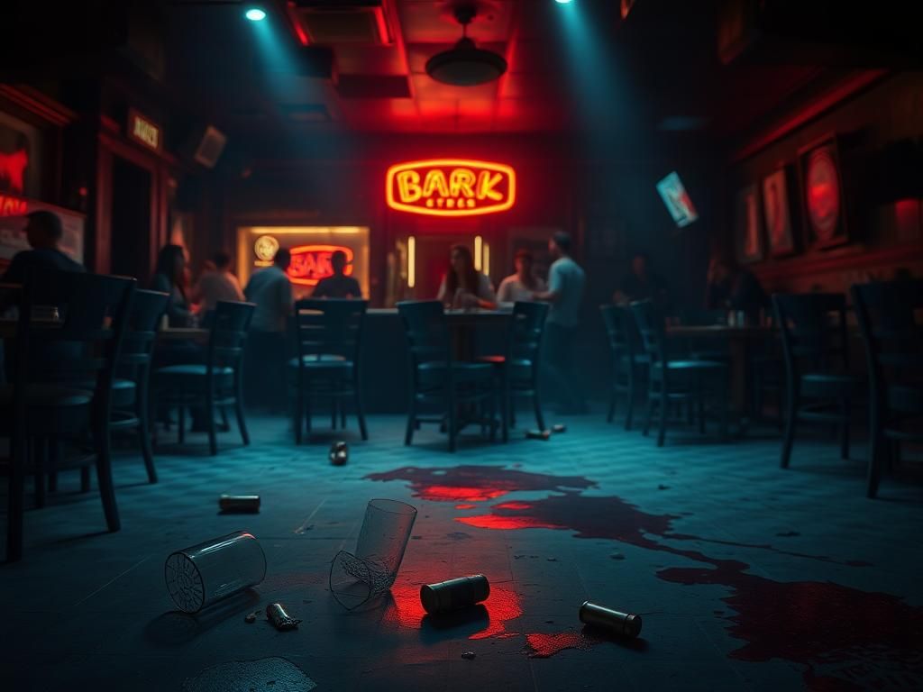 Flick International Dimly lit bar interior with scattered tables and overturned chairs