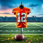 Flick International Modern football jersey of Shedeur Sanders in Browns colors on display