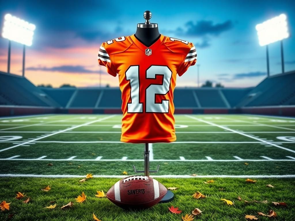 Flick International Modern football jersey of Shedeur Sanders in Browns colors on display