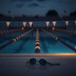 Flick International A dramatic swimming pool scene at twilight with empty lanes and abandoned goggles