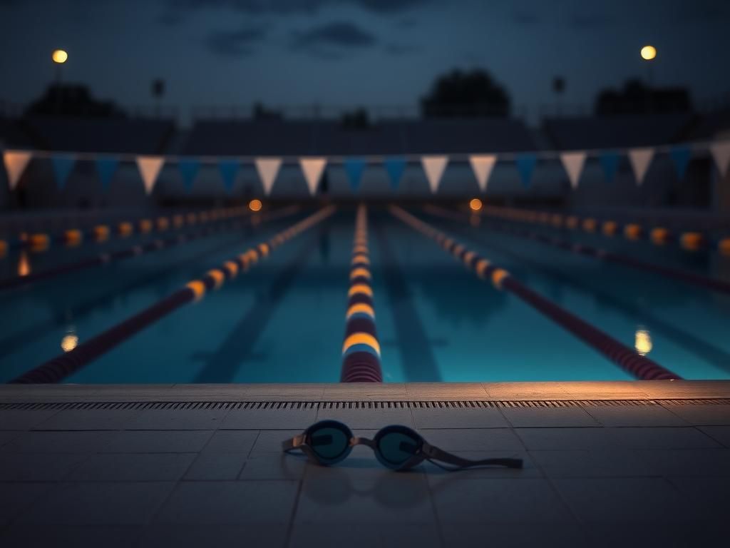 Flick International A dramatic swimming pool scene at twilight with empty lanes and abandoned goggles