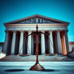 Flick International Dramatic courtroom scene with Supreme Court building and scales of justice