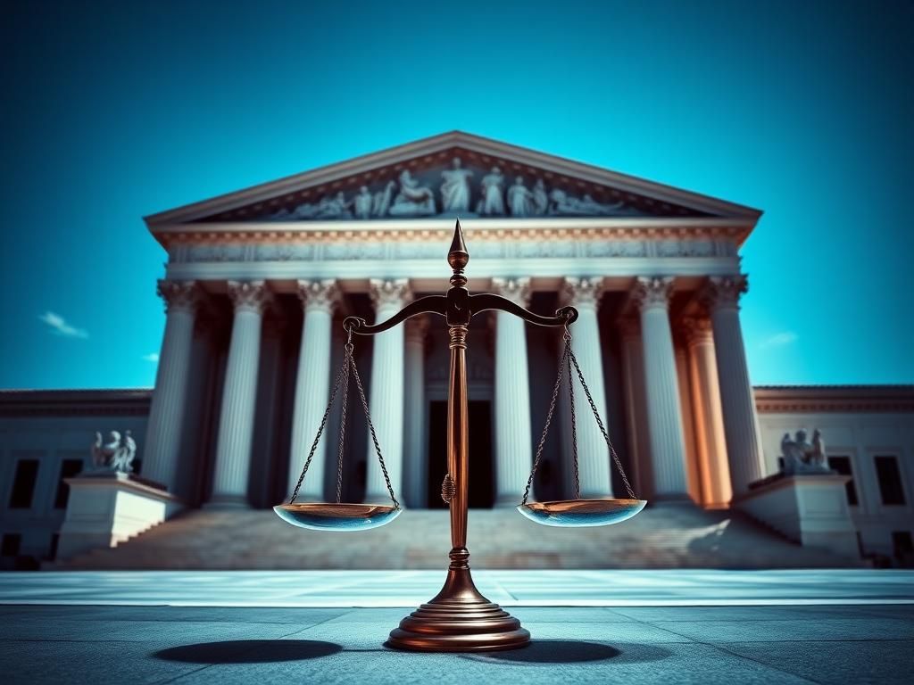 Flick International Dramatic courtroom scene with Supreme Court building and scales of justice