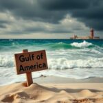 Flick International A dramatic coastal scene of the Gulf of Mexico with turbulent waves symbolizing political unrest