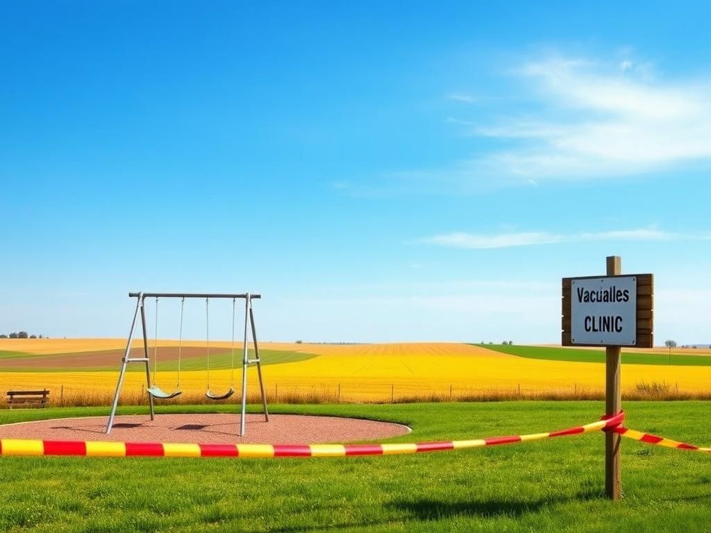 Flick International A serene North Dakota landscape with empty school playground swings symbolizes the impact of the measles outbreak on children.