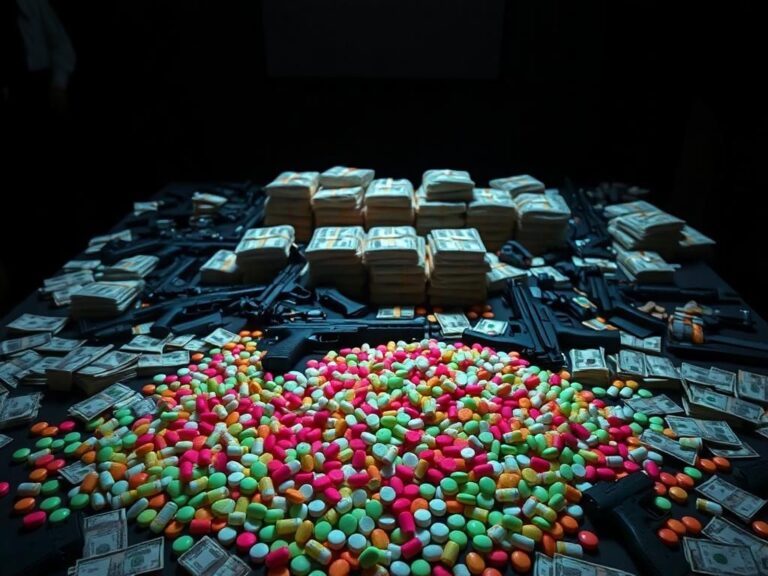 Flick International table covered with assorted seized illegal drugs, featuring colorful fentanyl pills and stacks of cash