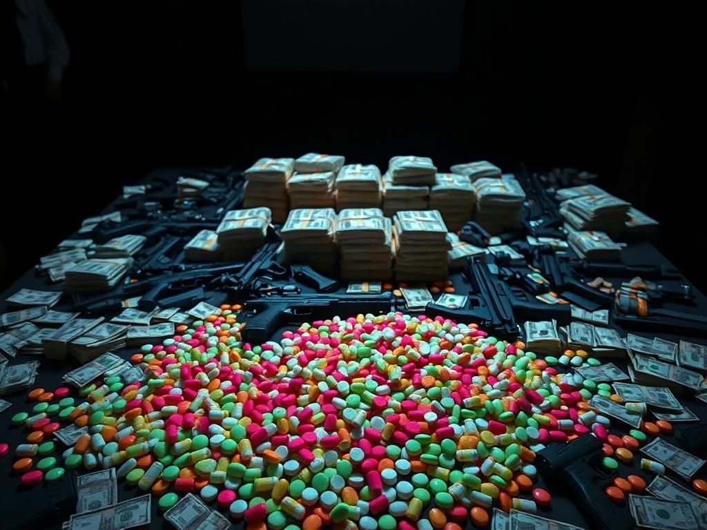 Flick International table covered with assorted seized illegal drugs, featuring colorful fentanyl pills and stacks of cash