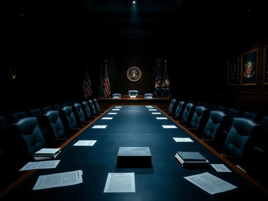 Flick International A dimly lit Senate hearing room with a long table and empty chairs reflecting the seriousness of the nomination process