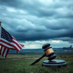Flick International Dramatic Michigan landscape with a weathered American flag and gavel symbolizing constitutional authority