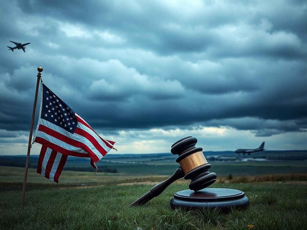 Flick International Dramatic Michigan landscape with a weathered American flag and gavel symbolizing constitutional authority