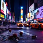 Flick International Foreground of shattered glass and crumpled basketballs in Times Square after gang altercation
