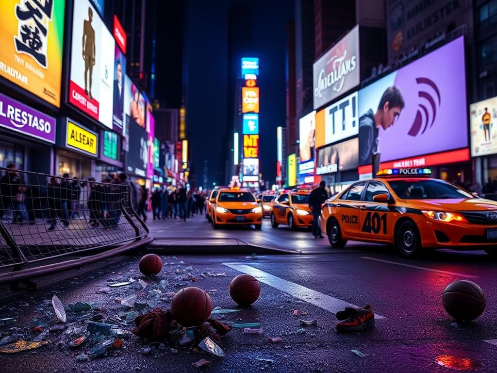 Flick International Foreground of shattered glass and crumpled basketballs in Times Square after gang altercation