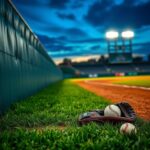 Flick International Baseball glove lying on the ground near a padded outfield wall showing scuff marks from a recent impact