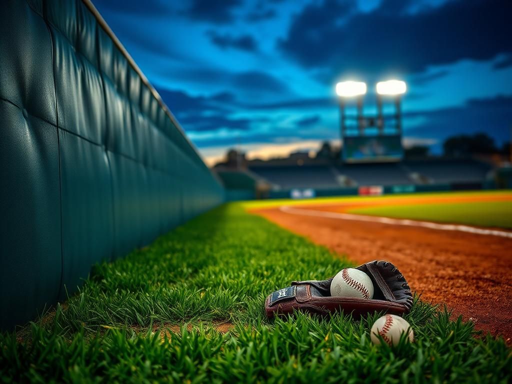 Flick International Baseball glove lying on the ground near a padded outfield wall showing scuff marks from a recent impact