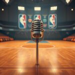 Flick International Artistic representation of a vintage basketball court with a stylized microphone symbolizing Jim Fagan's voice