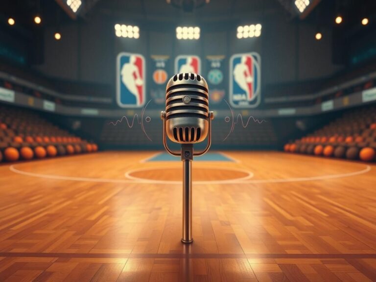 Flick International Artistic representation of a vintage basketball court with a stylized microphone symbolizing Jim Fagan's voice