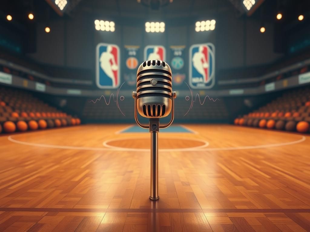 Flick International Artistic representation of a vintage basketball court with a stylized microphone symbolizing Jim Fagan's voice
