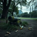 Flick International Old, rusting cannon abandoned in a neglected park surrounded by overgrown grass and weeds