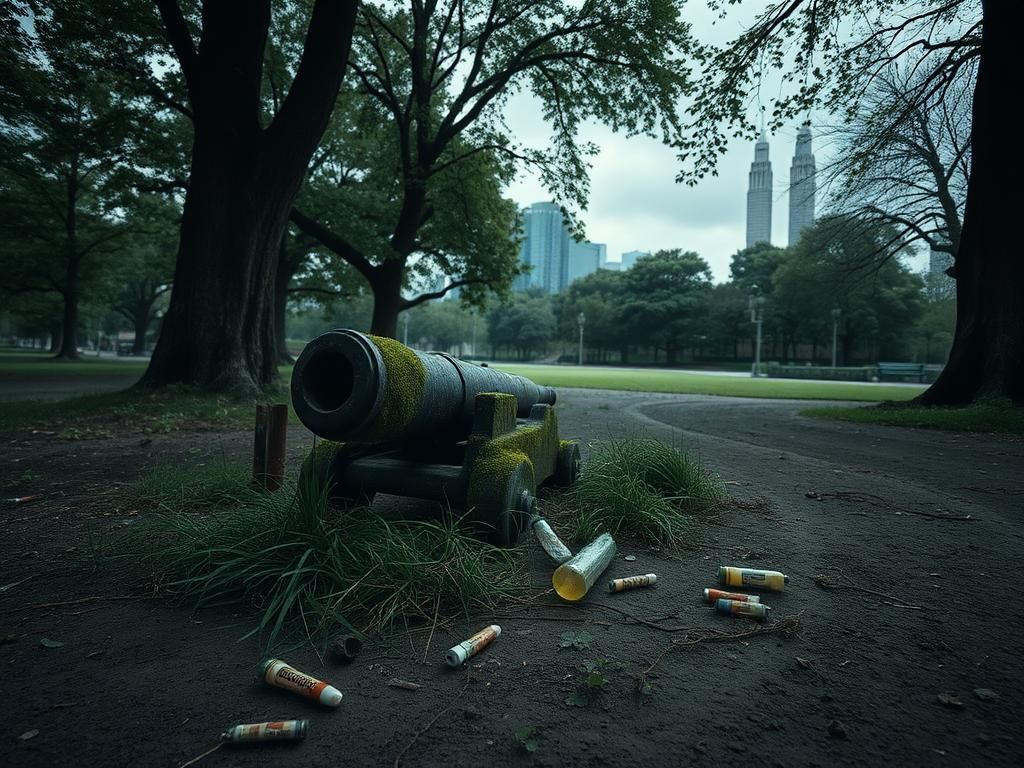 Flick International Old, rusting cannon abandoned in a neglected park surrounded by overgrown grass and weeds