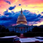 Flick International Dramatic view of the U.S. Capitol building at dusk with empty chairs symbolizing an upcoming hearing