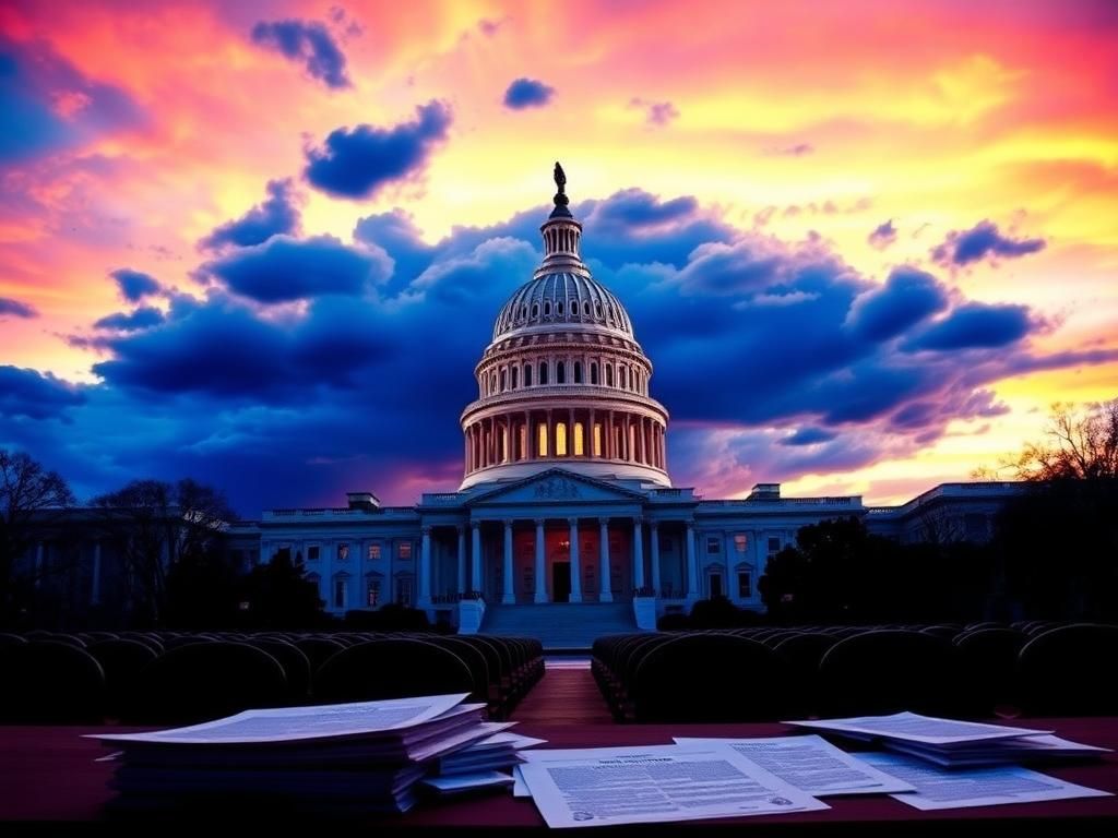 Flick International Dramatic view of the U.S. Capitol building at dusk with empty chairs symbolizing an upcoming hearing