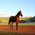 Flick International Majestic thoroughbred horse at dawn on a serene racing track