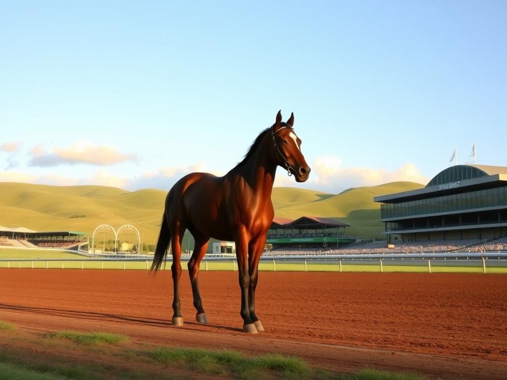 Flick International Majestic thoroughbred horse at dawn on a serene racing track