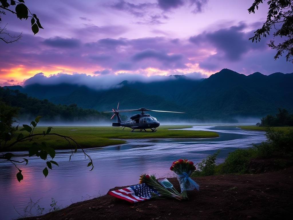 Flick International Serene Honduran landscape at dusk with a UH-60 Black Hawk helicopter partially obscured by leaves, symbolizing the absence of its pilot.