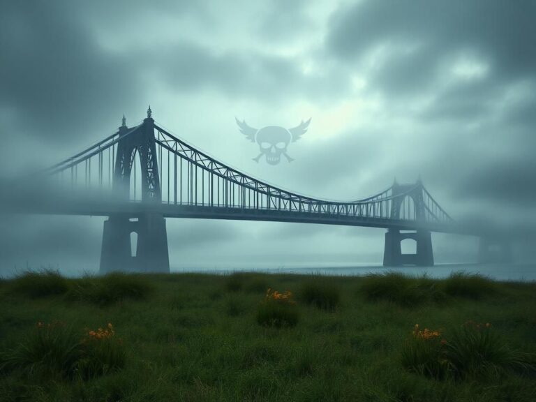 Flick International Moody landscape of the Ambassador Bridge shrouded in fog symbolizing border tensions
