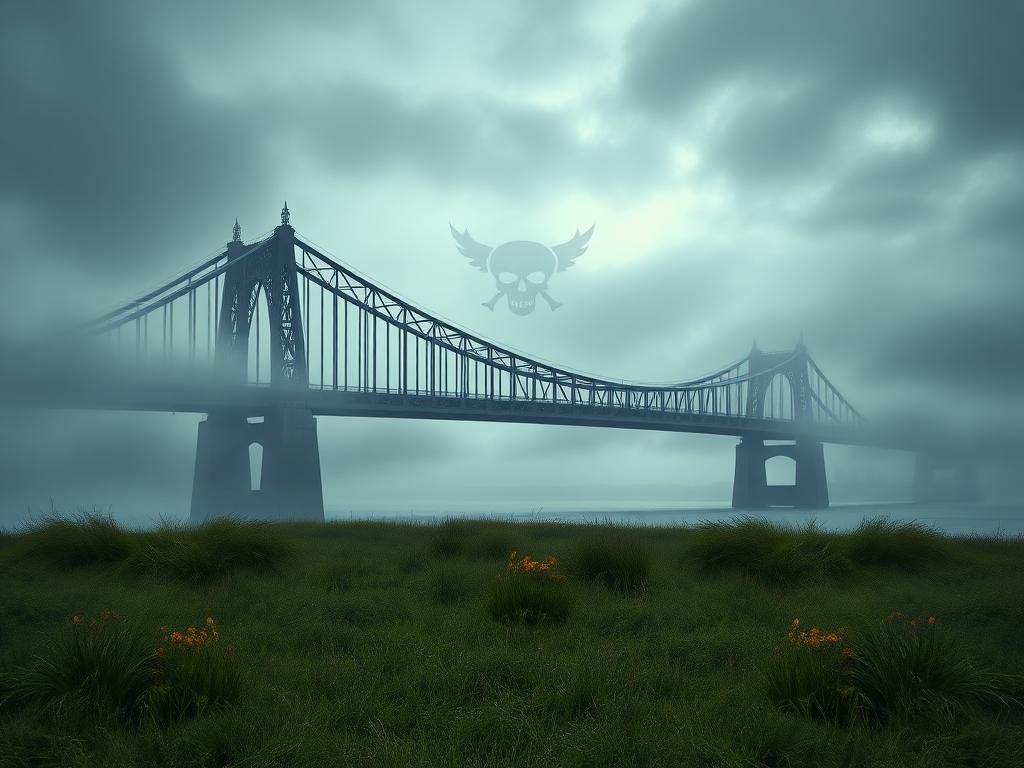 Flick International Moody landscape of the Ambassador Bridge shrouded in fog symbolizing border tensions