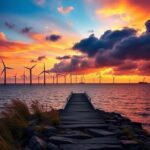 Flick International Dramatic coastal sunrise with offshore wind farm and wind turbines