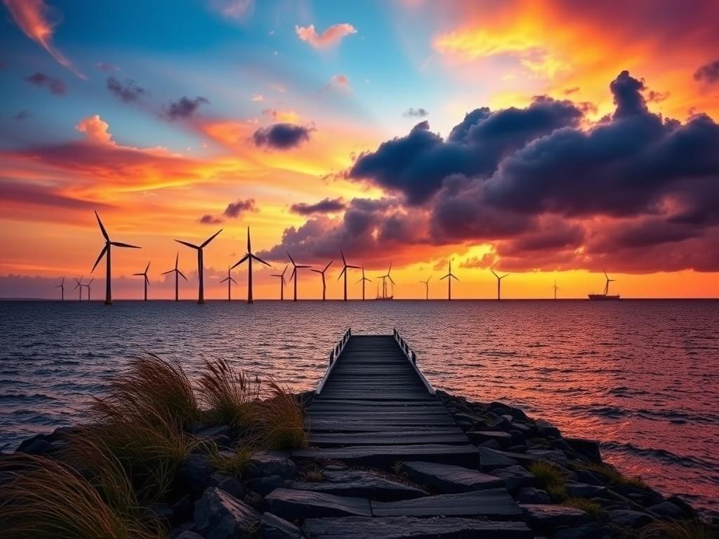 Flick International Dramatic coastal sunrise with offshore wind farm and wind turbines