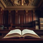 Flick International Interior of a courtroom showcasing a wooden judge's bench and legal books