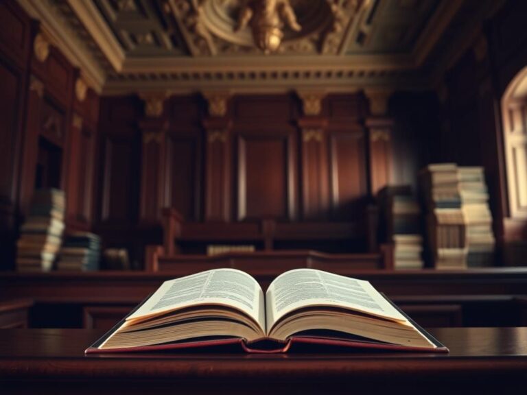 Flick International Interior of a courtroom showcasing a wooden judge's bench and legal books