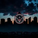 Flick International Abstract representation of law enforcement with a city skyline silhouette