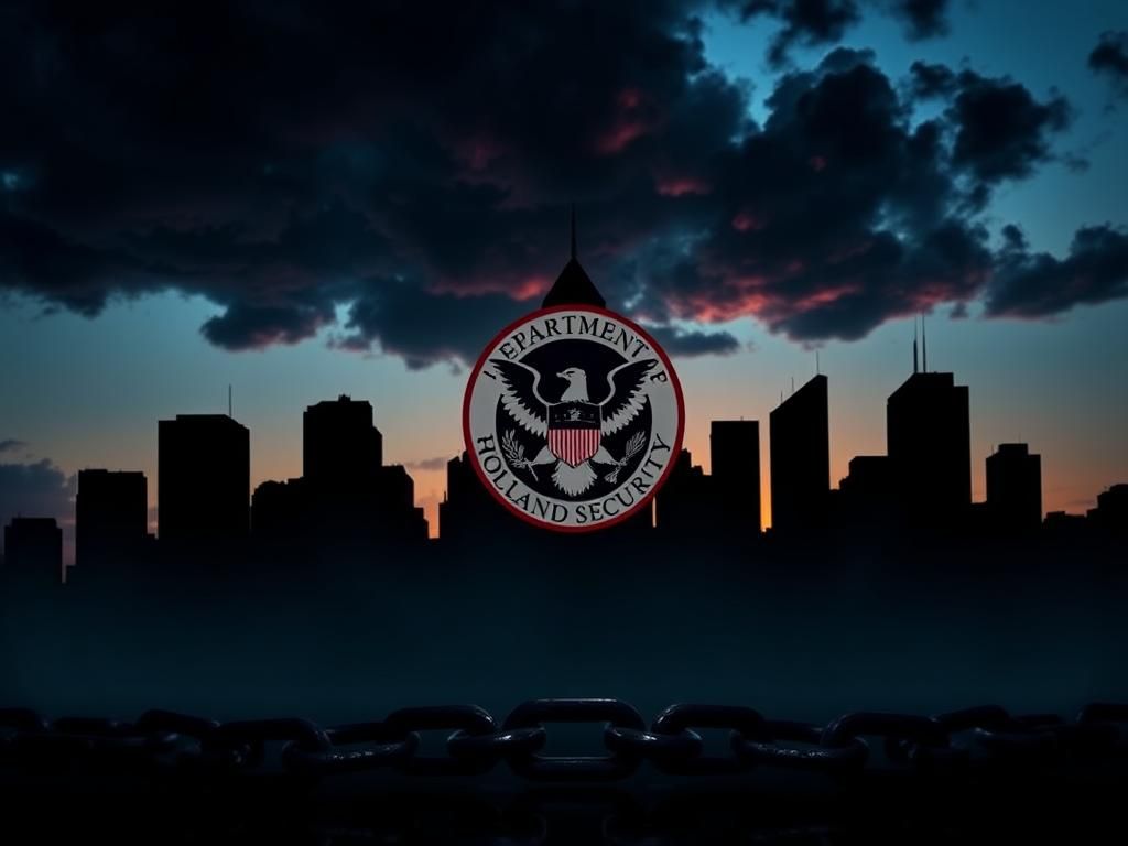 Flick International Abstract representation of law enforcement with a city skyline silhouette