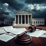 Flick International U.S. Supreme Court building shrouded in clouds with a gavel symbolizing judicial authority