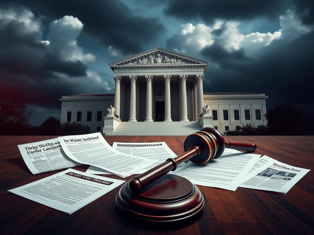 Flick International U.S. Supreme Court building shrouded in clouds with a gavel symbolizing judicial authority