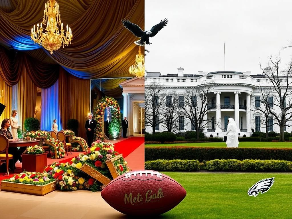 Flick International A split scene contrasting the Met Gala's opulence with the solemnity of the White House